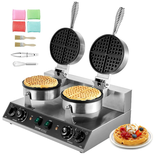 VEVOR Commerciële wafelmachine, dubbele kop, roestvrij staal, antiaanbaklaag, 2460 W, met temperatuur- en tijdregeling, handvat, voor restaurants, gezinnen en bars, 500 x 470 x 260 mm