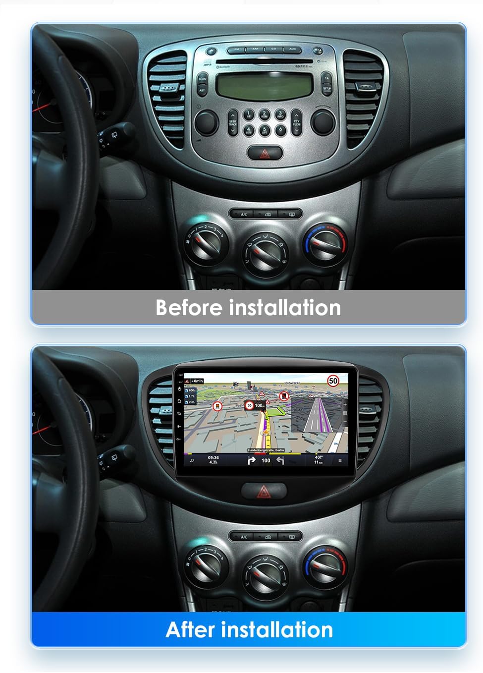 Ossuret Autoradio voor Hyundai I10 (2007-2013), 9 Inch Android 14 Aanraakscherm 2+32GB GPS Navigatie met Carplay Android Auto WiFi Bluetooth Stuurwielbediening DSP USB TPMS OBD2 DAB+