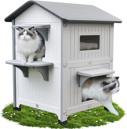 Kattenhok voor buiten, twee etages met balkon, kattenhuis met twee verdiepingen, weerbestendig kunststof, wild-kattenhok met vluchtdeur, wit