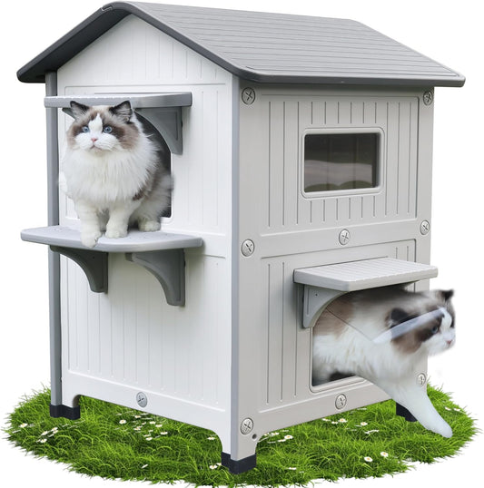 Kattenhok voor buiten, twee etages met balkon, kattenhuis met twee verdiepingen, weerbestendig kunststof, wild-kattenhok met vluchtdeur, wit