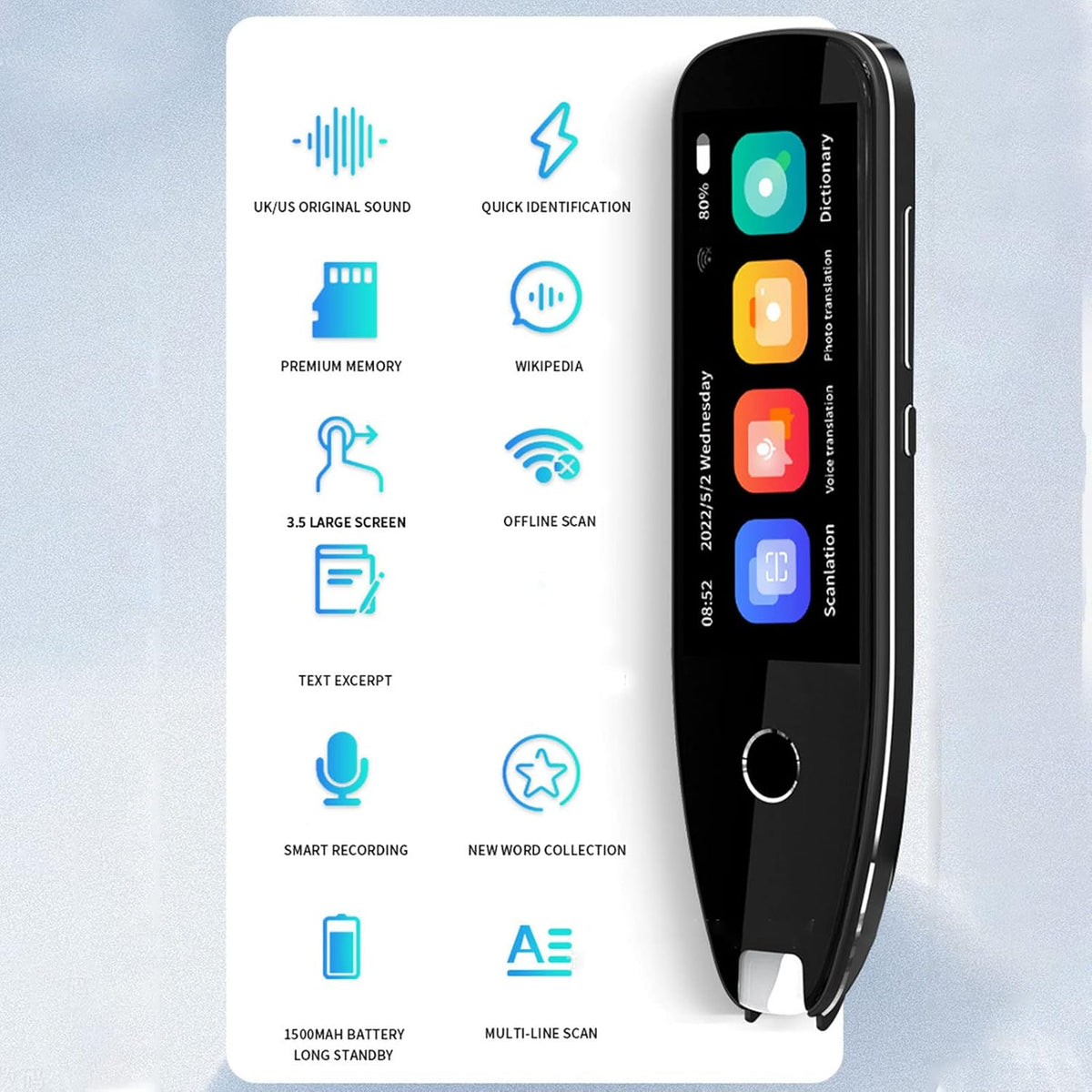 Vertaalpenscanner, Vertaalapparaat voor 134 Talen met 3,5-inch Touchscreen, Bluetooth Offline Scan Voice Reader-pen, Vertaler voor Leren, Zakelijk