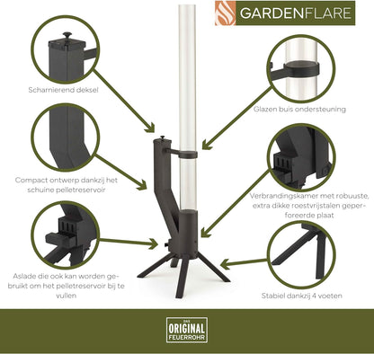 Vuurbuis, roestvrijstalen vuurzuil en pelletfakkel voor een geweldig sfeervuur, elegante terrasverwarmer en tuinhaard, alternatief voor je terras en tuin (zwart gepoedercoat)