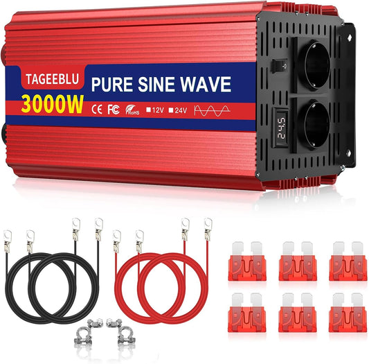 3000W zuivere sinusomvormer DC 24V naar AC 230V spanningsomvormer, omvormer voor voertuigen met krokodillenklem, 2 AC stopcontacten en LCD scherm