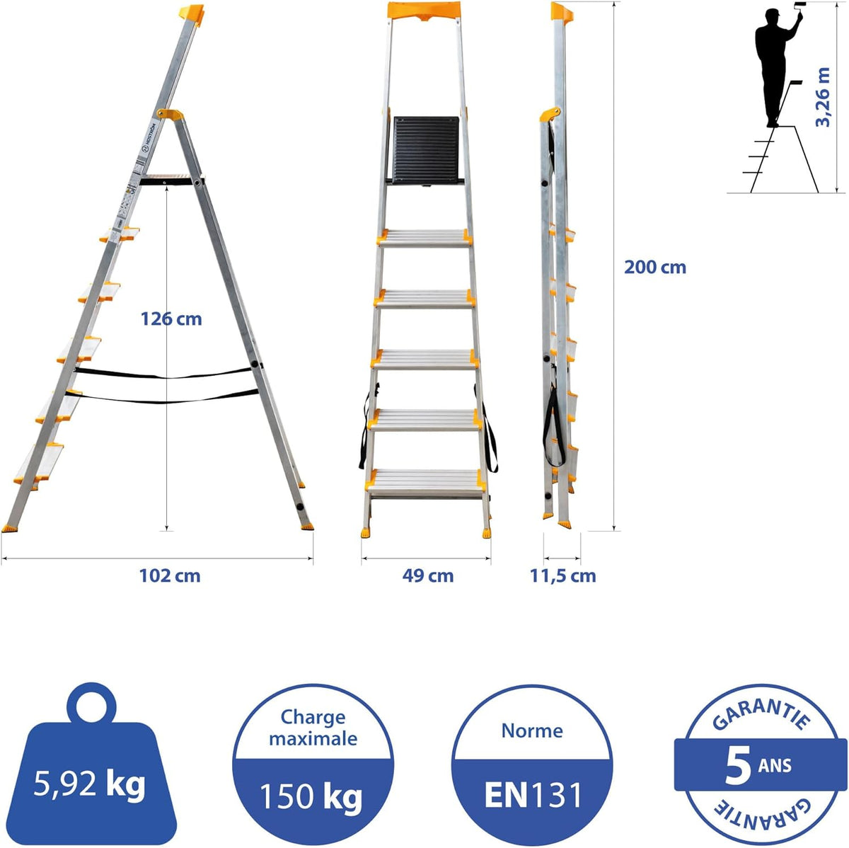 HOSTROM Ladder, 6 treden van aluminium, veilige opvouwbare huishoudtrap, gereedschapshouder, extra brede treden 12 cm, voor thuisgebruik en pro