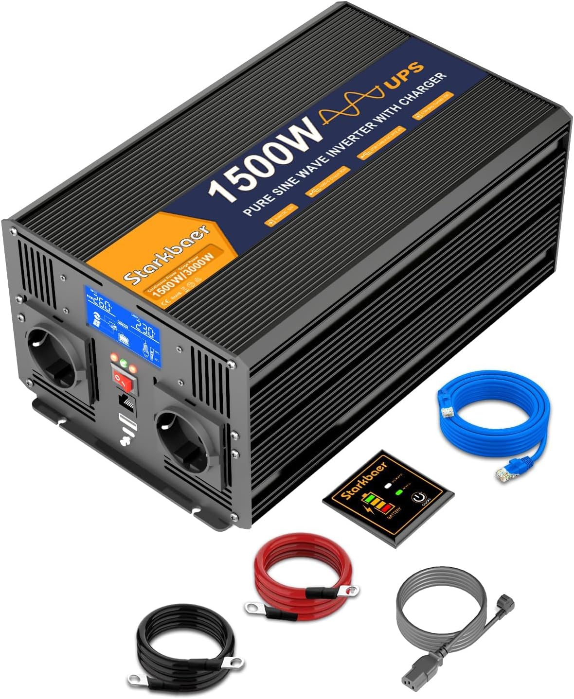 UPS 1500 W omvormer 12 V 220 V zuivere sinusomvormer transformator met 30 A lader, 2 EU-stopcontacten, 5 m afstandsbediening en LCD-scherm voor noodoproepen thuis, reizen buitenshuis