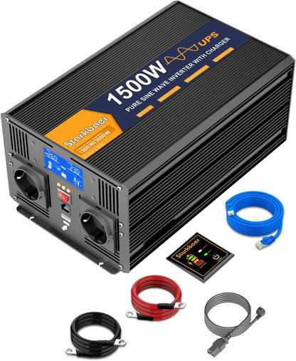 UPS 1500 W omvormer 12 V 220 V zuivere sinusomvormer transformator met 30 A lader, 2 EU-stopcontacten, 5 m afstandsbediening en LCD-scherm voor noodoproepen thuis, reizen buitenshuis