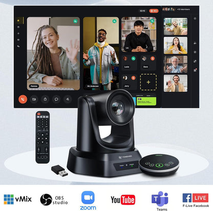 Camerasysteem voor vergaderruimte, draadloos, 5,8 GHz, PTZ-camera 3 x 60 fps met bluetooth-microfoon, bereik van 50 voet, met zoom, Skype, OBS - eenvoudig te installeren en online vergaderingen
