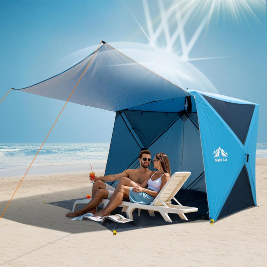 Night Cat Pop Up Beach Tent for 4 People: Beach Shade Sunshade for Family Picnic Hiking Camping UPF50+ UV Protection