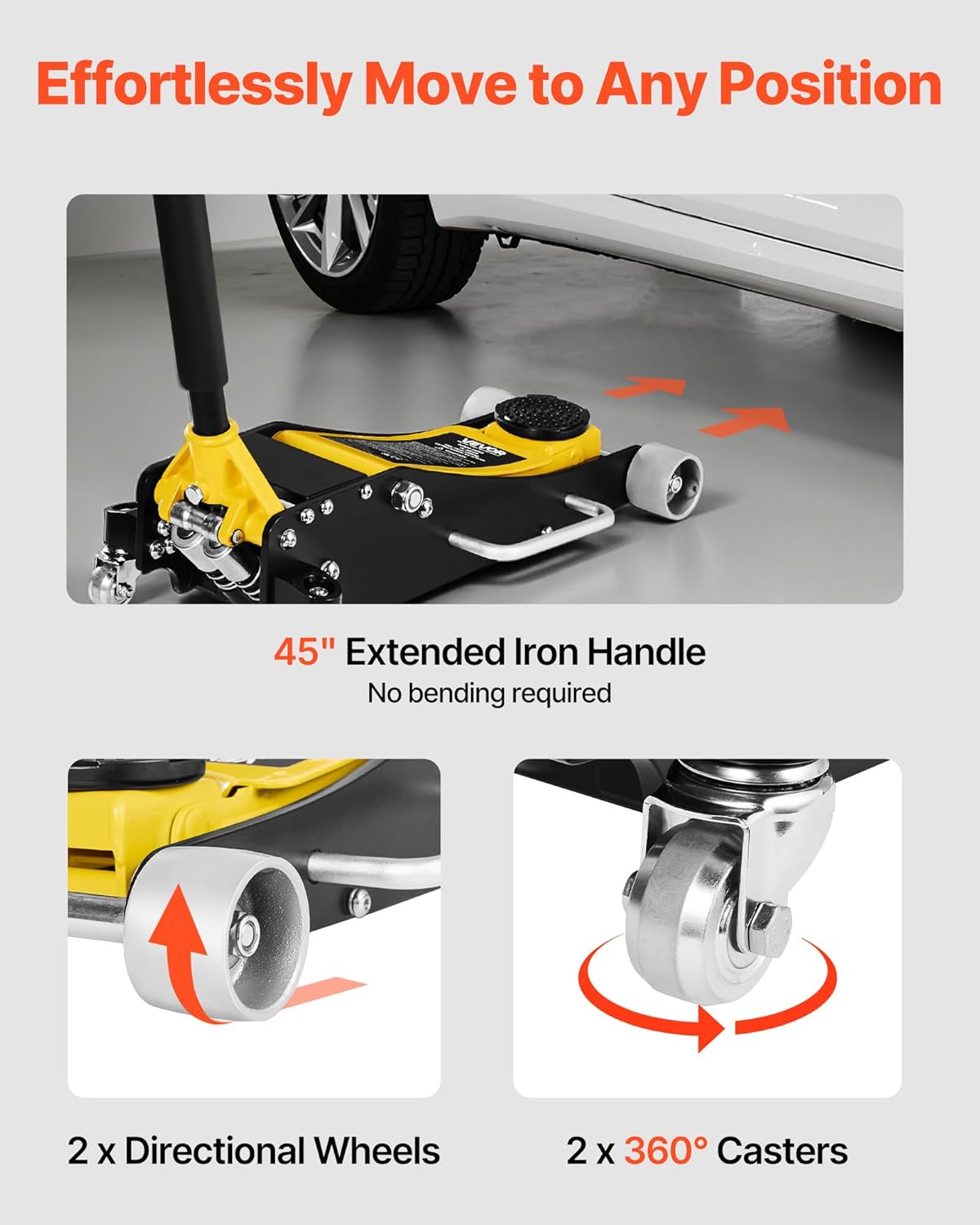 VEVOR Garagekrik met laag profiel en 360° wielen, 2,5 t, snelzuigerpomp, 95-475 mm hefhoogte, hydraulische krik voor compacte SUV's, geel + zwart