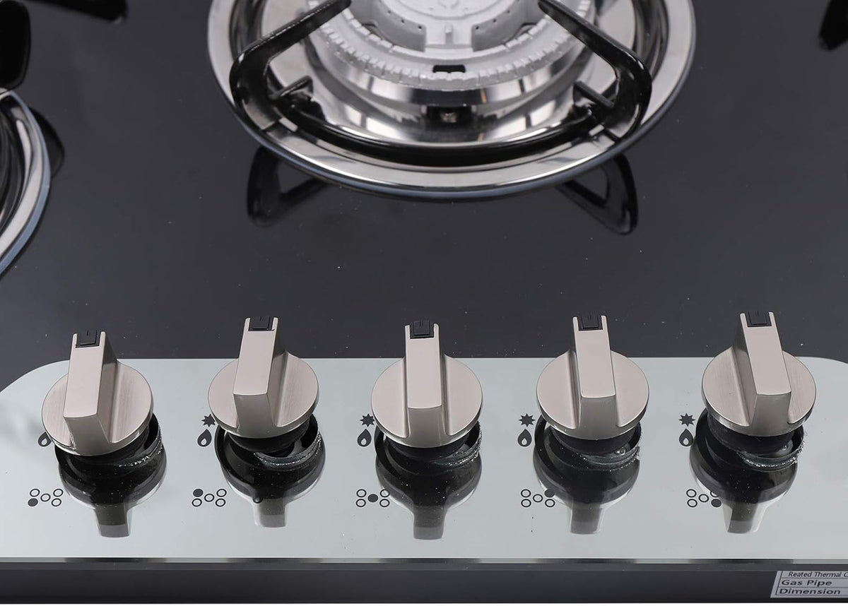 5 Burner Gas Hob Cast Iron Hob Lpg Ng Hob + Stainless Steel Water Bowl Kitchen Appliance Tempered Glass Top Built in for a Variety of Kitchen Cooks Automatic Pulse Ignition - QUORE