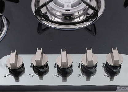 5 Burner Gas Hob Cast Iron Hob Lpg Ng Hob + Stainless Steel Water Bowl Kitchen Appliance Tempered Glass Top Built in for a Variety of Kitchen Cooks Automatic Pulse Ignition - QUORE