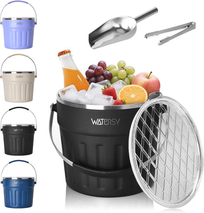WATERSY Roestvrijstalen Ijsemmer 7,6L - met Deksel, Handvat, Ijstang en Schep - Dubbelwandig Geïsoleerd, Langdurige Koeling - voor Cocktail, Whisky, Wijn, Bier - voor Thuisbar, Feestjes en BBQ (Zwart)