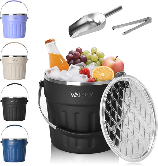 WATERSY Roestvrijstalen Ijsemmer 7,6L - met Deksel, Handvat, Ijstang en Schep - Dubbelwandig Geïsoleerd, Langdurige Koeling - voor Cocktail, Whisky, Wijn, Bier - voor Thuisbar, Feestjes en BBQ (Zwart)