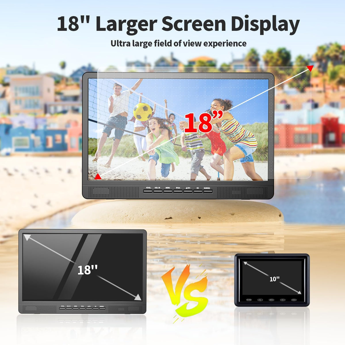 Desobry Draagbare 45,7 cm (18 inch) mini-lcd-tv met DVB/T2-tuner, 12 V, HD 1080P, voor camping buiten, slaapkamer, keuken, ondersteunt USB/HDMI/AV-ingangen