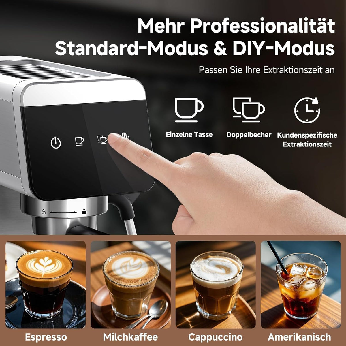 AMZCHEF Espressomachine 20 bar met 2-in-1 Home LED-display met afneembare tank van 1,2 l voor compacte huishoudelijke geschenken, van roestvrij staal, 1350 W