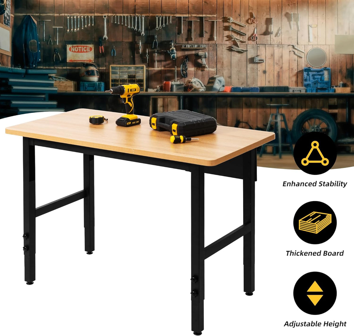 Verstelbare werkbank, werktafel voor garage, hardhouten werkbank met grote capaciteit, zware tafel voor werkplaats, kantoor, garage, thuis