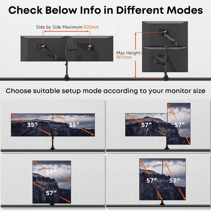 PUTORSEN 17-57 inch monitorhouder, 2 monitoren, gasveer, dubbele monitoren, tafelhouder, in hoogte verstelbaar, draaibaar, gewicht 2-20 kg per arm, VESA 75/100 mm