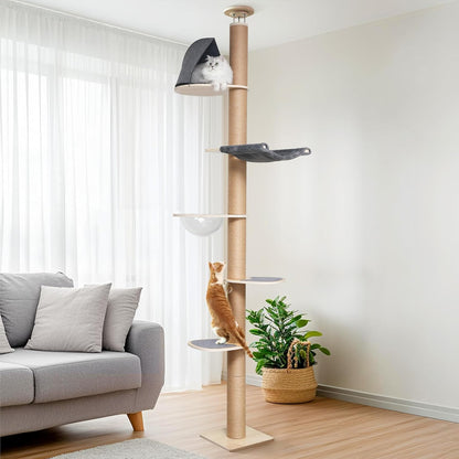 FUKUMARU Cat Tree Cat Tree, 6 Floors, Ceiling Cat Tower (280-300 cm), Wall Mounted Cat Tree, Natural Rubber Wood, with Transparent Space Capsule and Cozy Hammock - QUORE