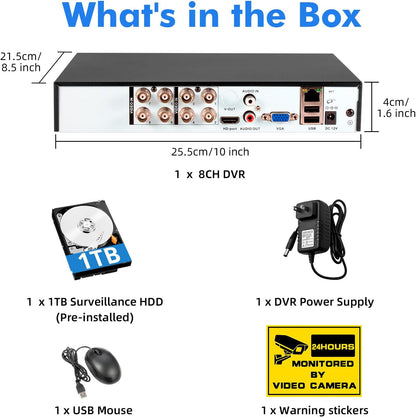8-kanaals CCTV bewakingsDVR met 2 TB HDD, 8 Ch 5MP H.265+ DVR video-recorder voor analoge XVI AHD TVI IP-camera's, DVR voor beveiligingscamera-bewakingssysteem voor thuis, mobiele app en pc (systeem)