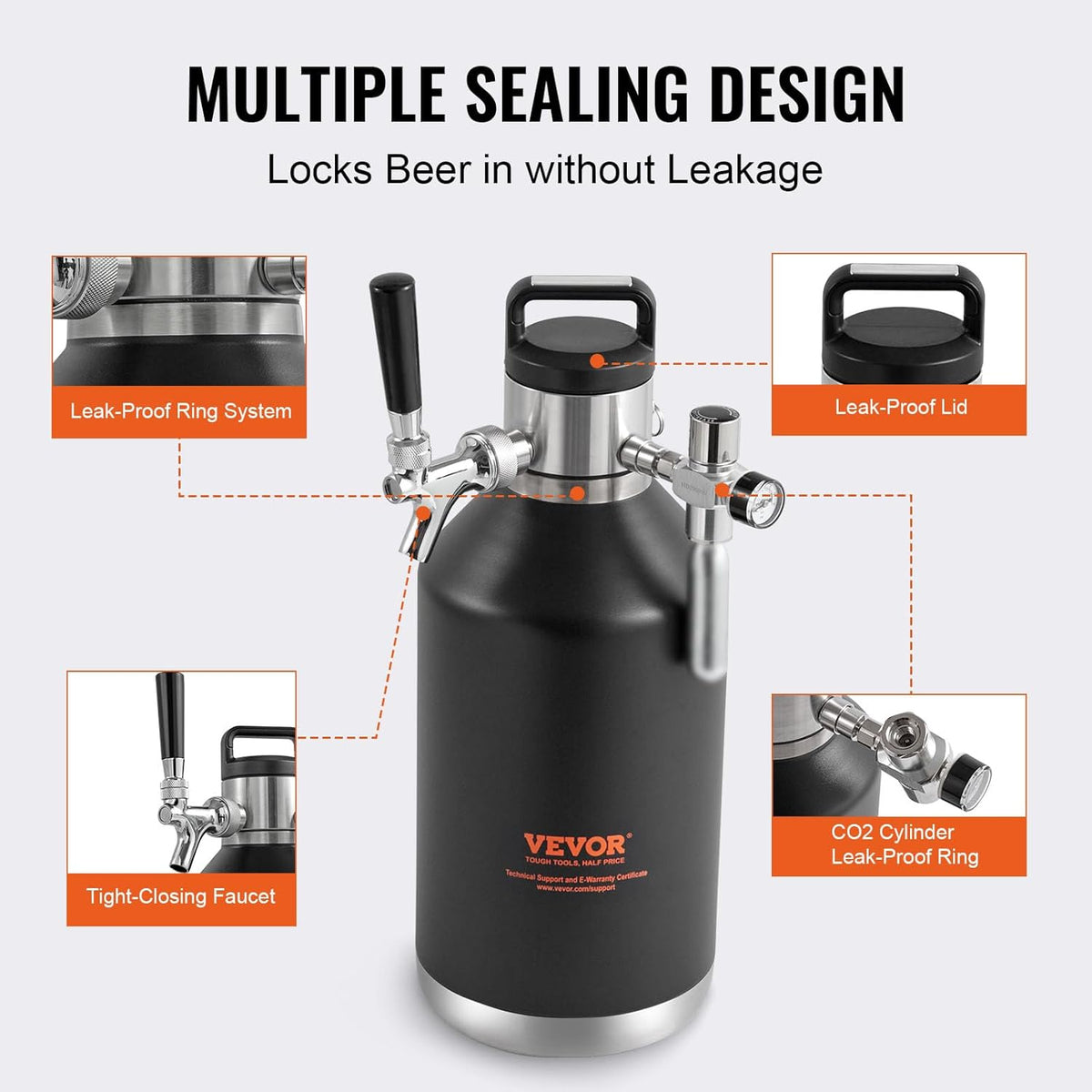 VEVOR Beer Growler Tap System, 120 oz 4L Mini Fat, 304 Roestvrij Staal Onder Druk Bier Growler, Keg Growler met Drukweergave, CO2 Regulator Kraan, Lekvrije Ring Voor Tocht, Homebrew, Craft Bier
