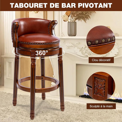 Barkruk van volnerfleer, draaibaar, met rugleuning, beklede stoel voor bar en keuken, massief houten frame, geschikt voor restaurants, hotels en thuis (bruin, zithoogte 65)