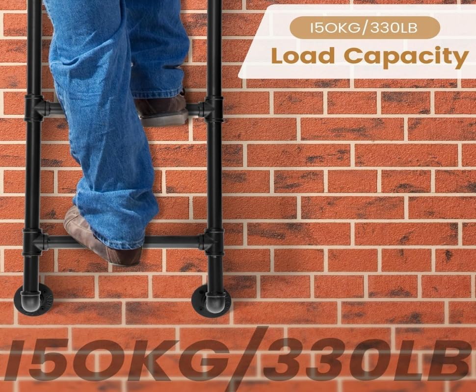 5-Treedage Stapelbedladder, 1,65×0,46M Muurmontage Kelderraamput Egress, Zwart Smeedijzeren Industriële Pijp Stap Belastingen 150kg, Binnen Buiten Metaal voor Zolder Loft Slaapzaal RV Dek Muur(1,65M
