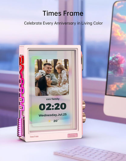 Divoom Times Frame Transparante digitale fotolijst (10,1 inch) met wifi en 64 GB, IPS-display met zwevend effect en RGB-draaiknop, 400+ wijzerplaten, widgets en pixel-art community (roze)