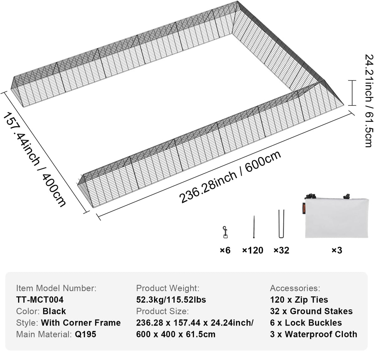 VEVOR Chicken Tunnels 600 x 400 x 61.5 cm (LxWxH) Chicken Tunnels Garden Portable Outdoor Chicken Tunnels with Corner Frames 2 Sets for Chickens Ducks Rabbits - QUORE