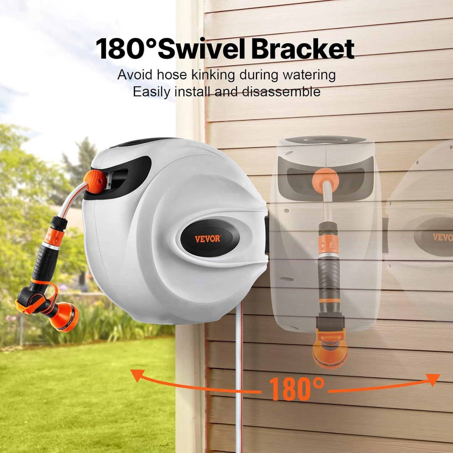 VEVOR Intrekbare tuinslanghaspel, 1/2" x 100 ft wandgemonteerde slanghaspel, zware tuin met 9 patronen mondstuk, elk lengteslot, automatisch terugspoelen langzaam retoursysteem en 180 ° draaibare