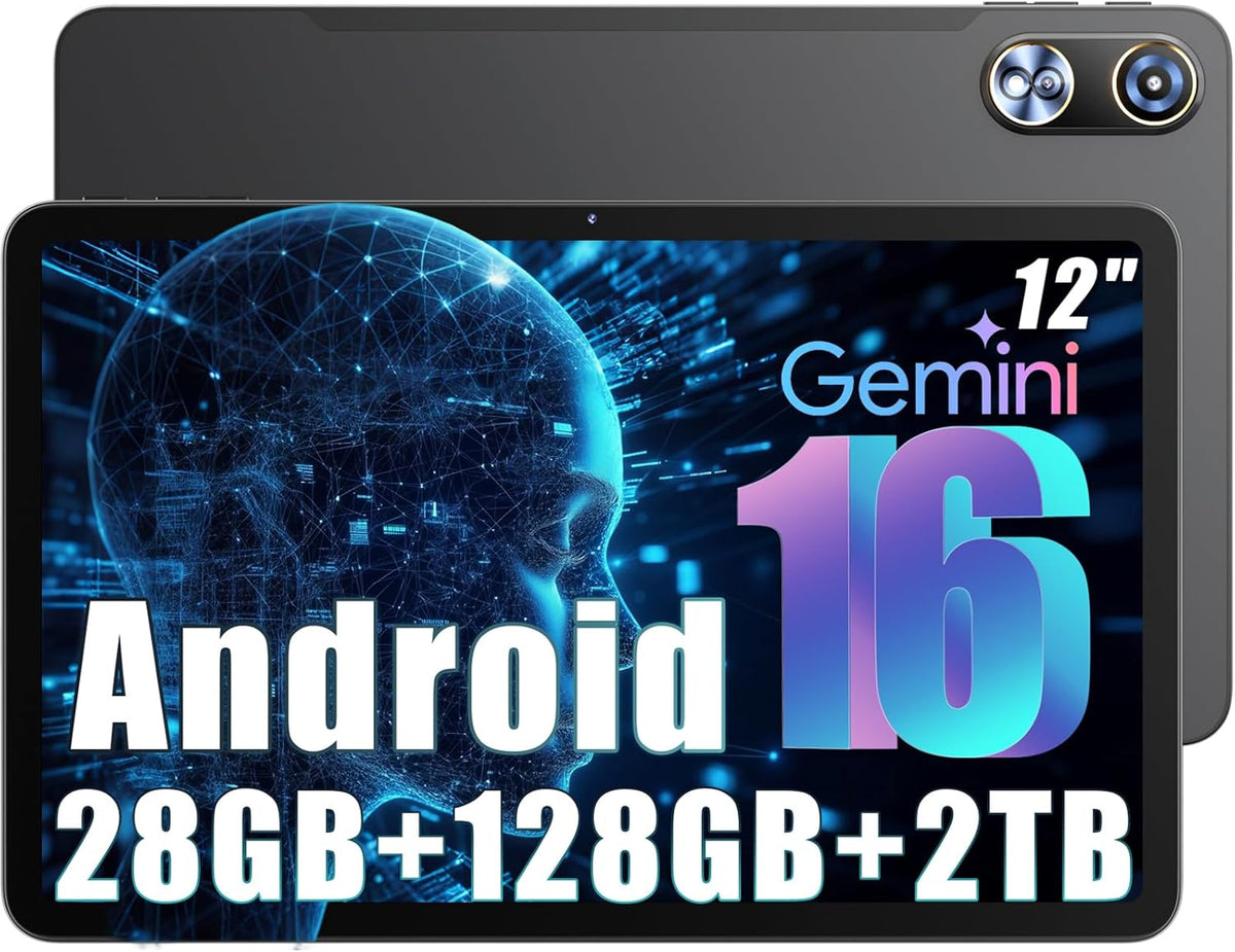 Raemond 12 Inch 2K-scherm,2026 Nieuw Tablet Android 16,（8+20）GB RAM + 128GB ROM (TF 2TB),T615 Octa-Core,16MP+8MP Dubbele Camera,8000mAh, Dual-band WiFi-5G,Gemini AI,BT 5.0,GPS,GMS,Widevine L1,Face ID
