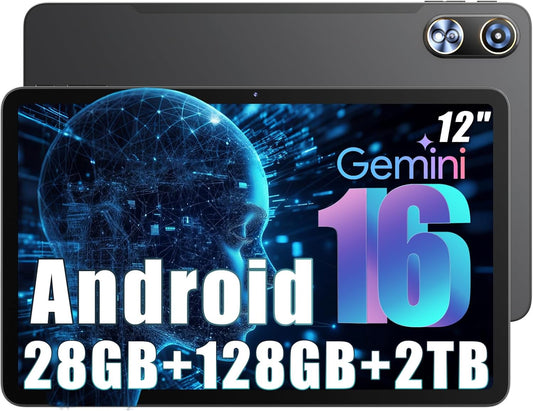 Raemond 12 Inch 2K-scherm,2026 Nieuw Tablet Android 16,（8+20）GB RAM + 128GB ROM (TF 2TB),T615 Octa-Core,16MP+8MP Dubbele Camera,8000mAh, Dual-band WiFi-5G,Gemini AI,BT 5.0,GPS,GMS,Widevine L1,Face ID