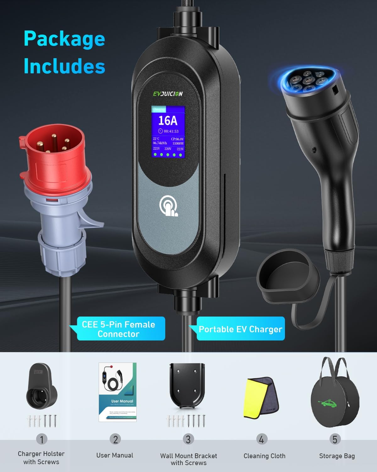 Evjuicion Elektrische autolader 11 kW CEE driefasig 6 A-16 A EV-lader type 2 met muurbeugel, digitaal display, instelbare laadtijd [0-12 uur] Draagbaarheid 6 m oplaadkabel type 2 met tas