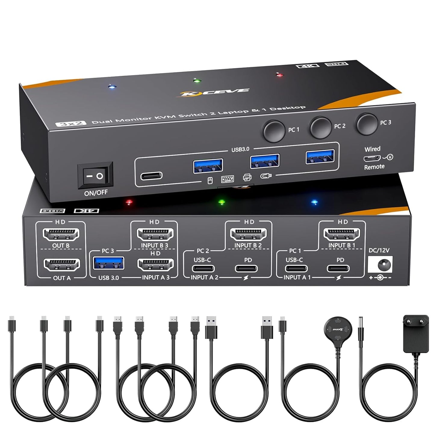 KVM Switch 2 Monitors 3 Computer USB C, USB 3.0 KVM Switch Dual Monitor HDMI for 2 Laptops 1 Desktop Share 4 USB3.0 Device Keyboard, Mouse, 85W PD, 4K@60Hz, Power Adapter and Wired Remote