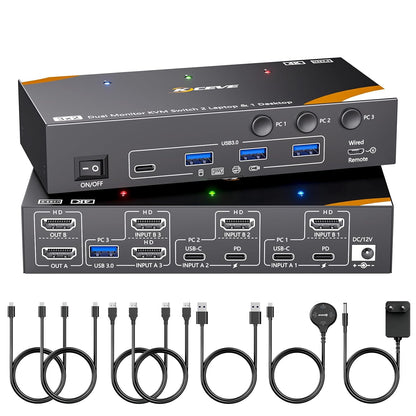 KVM Switch 2 Monitors 3 Computer USB C, USB 3.0 KVM Switch Dual Monitor HDMI for 2 Laptops 1 Desktop Share 4 USB3.0 Device Keyboard, Mouse, 85W PD, 4K@60Hz, Power Adapter and Wired Remote