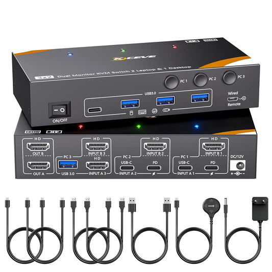 KVM Switch 2 Monitors 3 Computer USB C, USB 3.0 KVM Switch Dual Monitor HDMI for 2 Laptops 1 Desktop Share 4 USB3.0 Device Keyboard, Mouse, 85W PD, 4K@60Hz, Power Adapter and Wired Remote