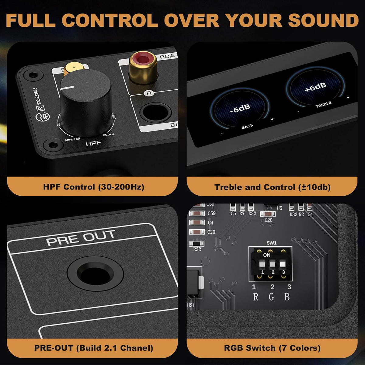 2-kanaals Bluetooth-versterker: HiFi 300W x2 stereoversterker met BT 5.2 | HPF | Digitale VU-meter | SUB Pre-Out | TRS-gebalanceerde ingang | Toonbediening en afstandsbediening voor Home