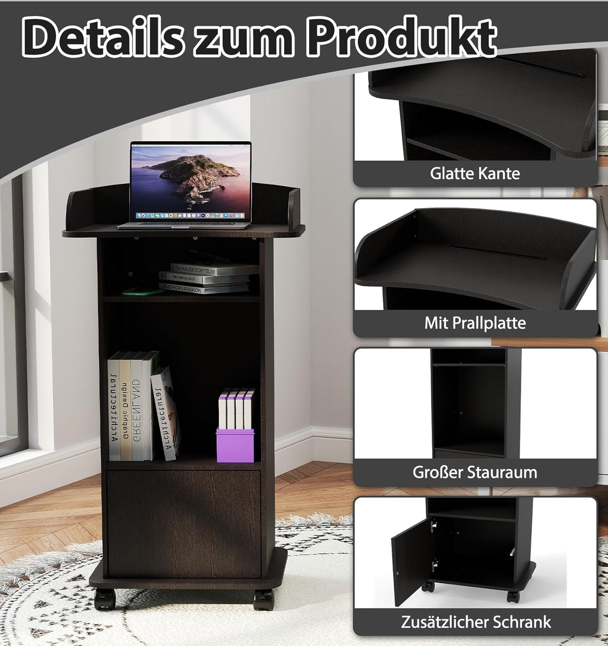 Sta-bureau, podiumstandaard, houten podium, houten sprekerbureau met dubbellaags opbergvak en remwiel voor klaslokaal, hoorzaal, kerk, seminar zwart (60 x 39,8 x 101 cm)