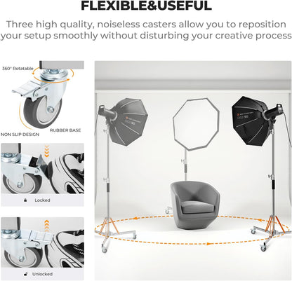 Lichtstatief met wieltjes – Lampstatief – C-statief – C-standaard – Fotografie-galgenstatief – Roestvrij staal – 30 kg draagvermogen, 130-330 cm verstelbaar