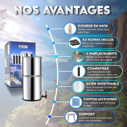 Waterzuiveraar met zwaartekracht – Waterfilter – Waterdispenser – Waterfontein – Waterfilterkraan – 8,5 liter – Actieve koolfilter zonder stroom