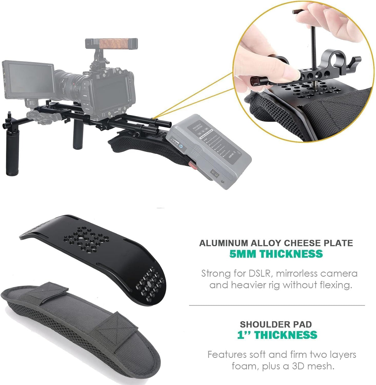 NICEYRIG Camera Schouder Rig met 15mm Schouderpad Ondersteuningssysteem voor DSLR Camera Cinema Camcorder, Mount Rig met Basisplaat, Aluminium 15mm Rod, Handvat Set - 435