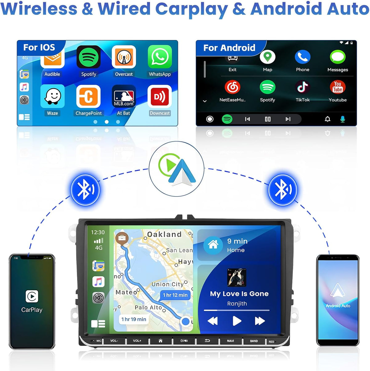 Inefala autoradio voor VW Golf Passat Tiguan Polo Caddy Skoda Seat Android 15 2G+64G, draadloos CarPlay & Android Auto, 9" radio 2DIN met GPS/WiFi/Bluetooth/USB/RDS/FM-MIC, achteruitrijcamera