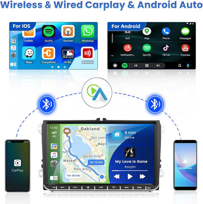 Inefala autoradio voor VW Golf Passat Tiguan Polo Caddy Skoda Seat Android 15 2G+64G, draadloos CarPlay & Android Auto, 9" radio 2DIN met GPS/WiFi/Bluetooth/USB/RDS/FM-MIC, achteruitrijcamera