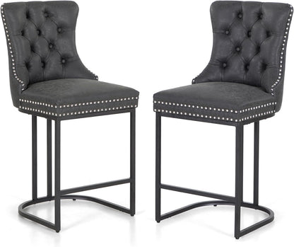 ALPHA HOME 26 inch black pitch bar stools set of 2, modern faux leather bar chairs with button back and rivet trim upholstered kitchen island chairs with sturdy metal legs breakfast