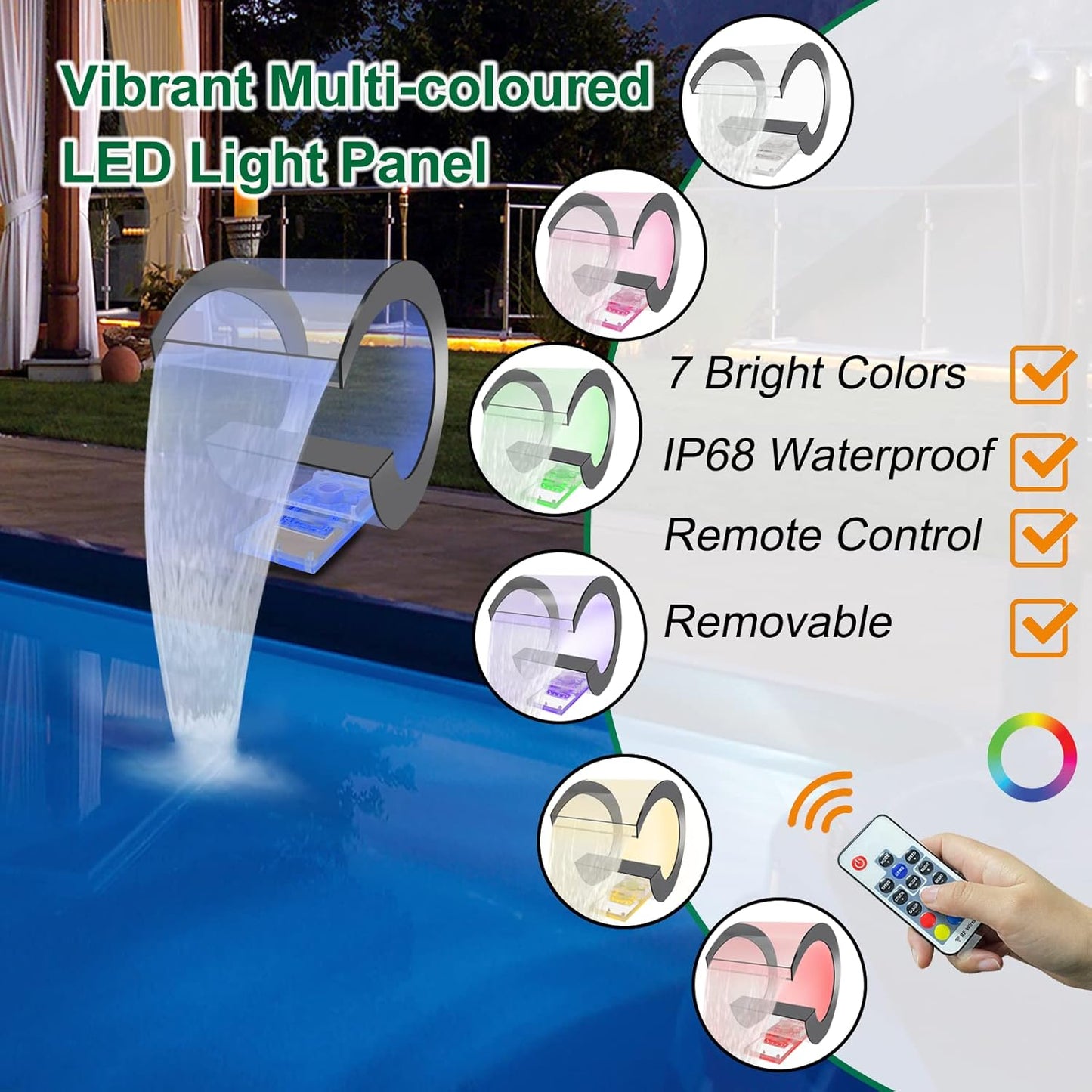 LONGRUN Pond Waterval Fountain, J-vormige acrylvijver waterval Voute mes met 7 kleuren LED, complete zwembadfontein waterspraykit voor bovengronds zwembad-23,5x36x35cm