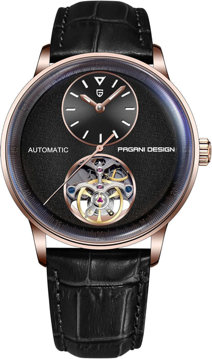 Pagani Design Mechanisch automatisch horloge voor heren, mechanisch visiewerk, behuizing 42 mm van staal 316L armband van PU-leer, waterdicht, 100 m (10 ATM), saffierglas