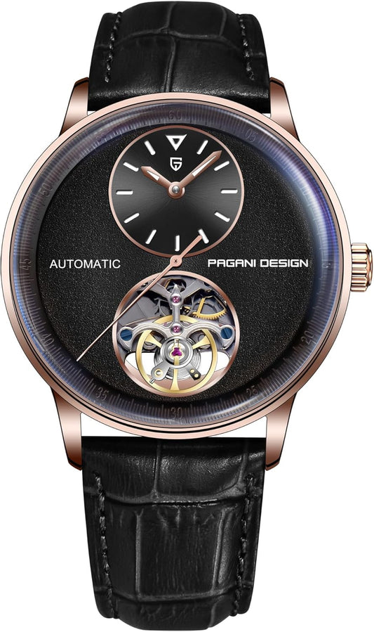 Pagani Design Mechanisch automatisch horloge voor heren, mechanisch visiewerk, behuizing 42 mm van staal 316L armband van PU-leer, waterdicht, 100 m (10 ATM), saffierglas