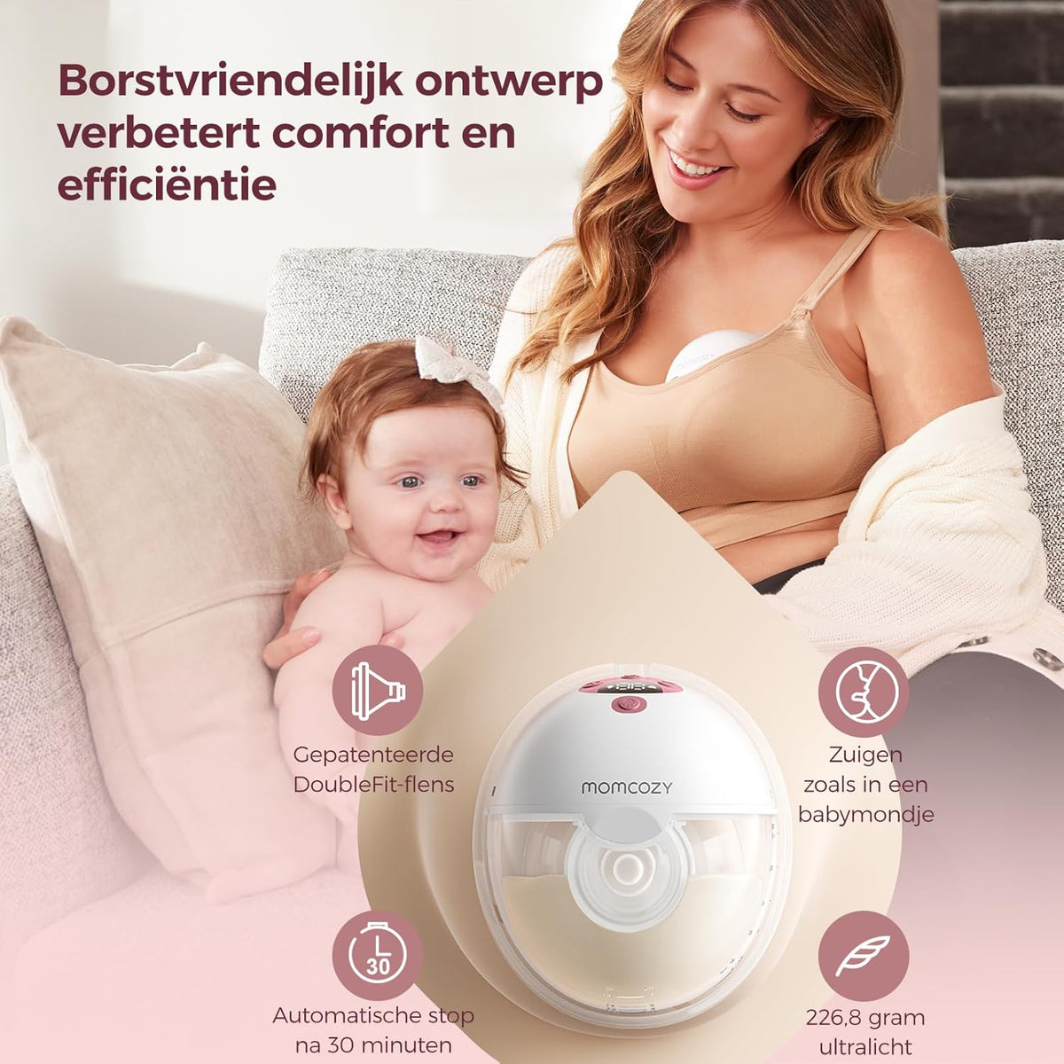Momcozy M5 Slimme Borstkolf – Handsfree Elektrische Kolf, App-Bestuurbaar, Draadloos, 3 Modi & 9 Zuigniveaus, 24 mm Tuit (Rood, 2 Stuk)