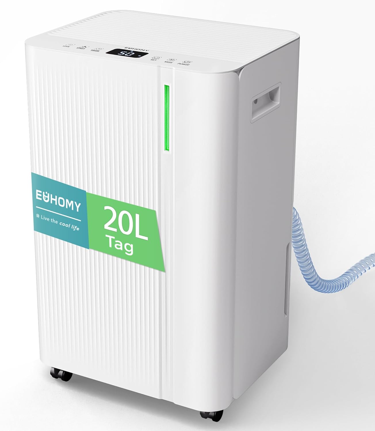 EUHOMY Elektrische luchtontvochtiger 20 l/dag kelder met afvoerbuis, stille en energiezuinige luchtontvochtiger met automatische ontdooiing, timer, luchtontvochtiger voor