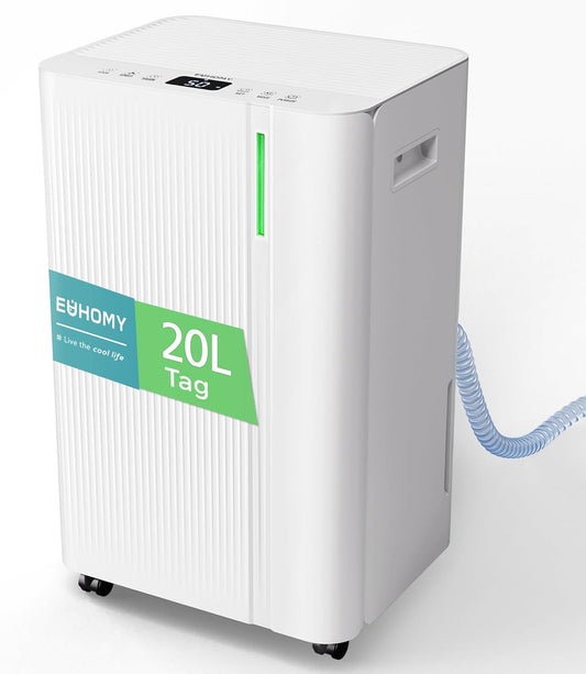 EUHOMY Elektrische luchtontvochtiger 20 l/dag kelder met afvoerbuis, stille en energiezuinige luchtontvochtiger met automatische ontdooiing, timer, luchtontvochtiger voor