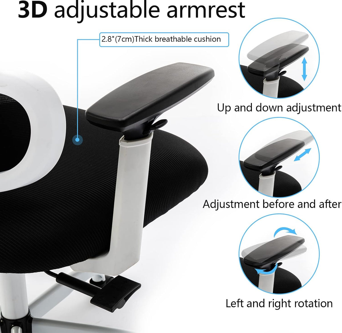 KERDOM KD9070 Bureaustoel Ergonomische bureaustoel met verstelbare hoofdsteun Armleuningen Lendensteun tegen rugpijn Bureaustoel 150kg/330LB laadbalk,55 * 25 * 55,wit